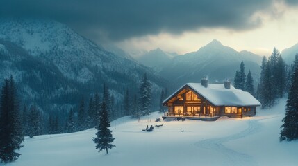 Snowstorm engulfing a mountain cabin harsh weather