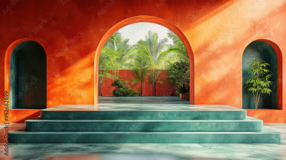 Poster abstract geometric 3d render of a modern minimal showcase scene with terracotta walls and empty gree