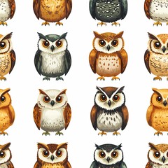 Fototapeta premium Colorful patterned illustration of various cartoon owls on a white background.