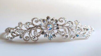 Obraz premium Exquisite Silver Filigree Hair Clip with Sparkling Iridescent Gems on Pristine White Backdrop