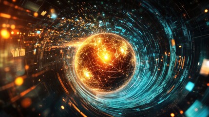 Digital Universe: A Glowing Sphere in a Cyberspace Vortex
