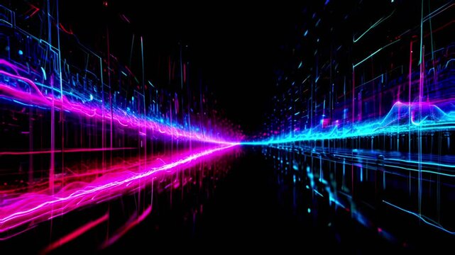 Abstract background with colorful neon lines moving in dark space. Natural power particles Colorful gradient wave energy lines are very beautiful. Futuristic signal network waves. 4K
