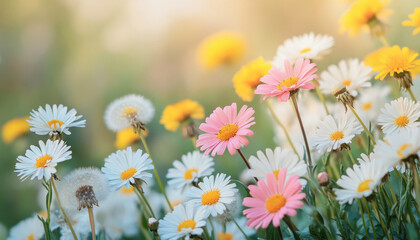Fototapeta premium Daisies blooming in a field at sunset