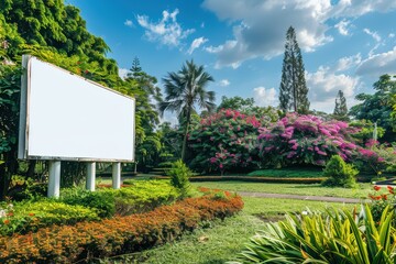 Obraz premium A blank billboard surrounded by vibrant flowers and greenery, set against a bright blue sky, perfect for advertising.