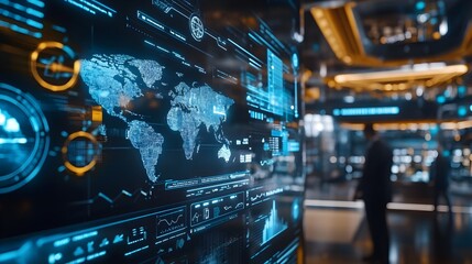 Futuristic Financial Technology Hub with Holographic Displays and Seamless Digital Transactions