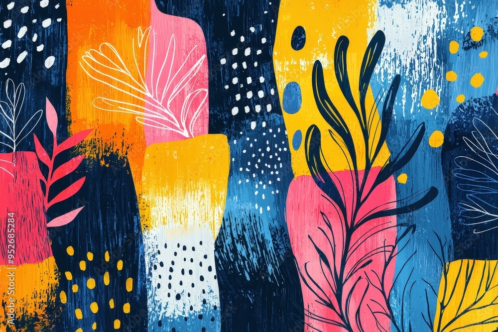 Poster this artwork showcases a lively composition of vivid colors and organic shapes, blending botanical m