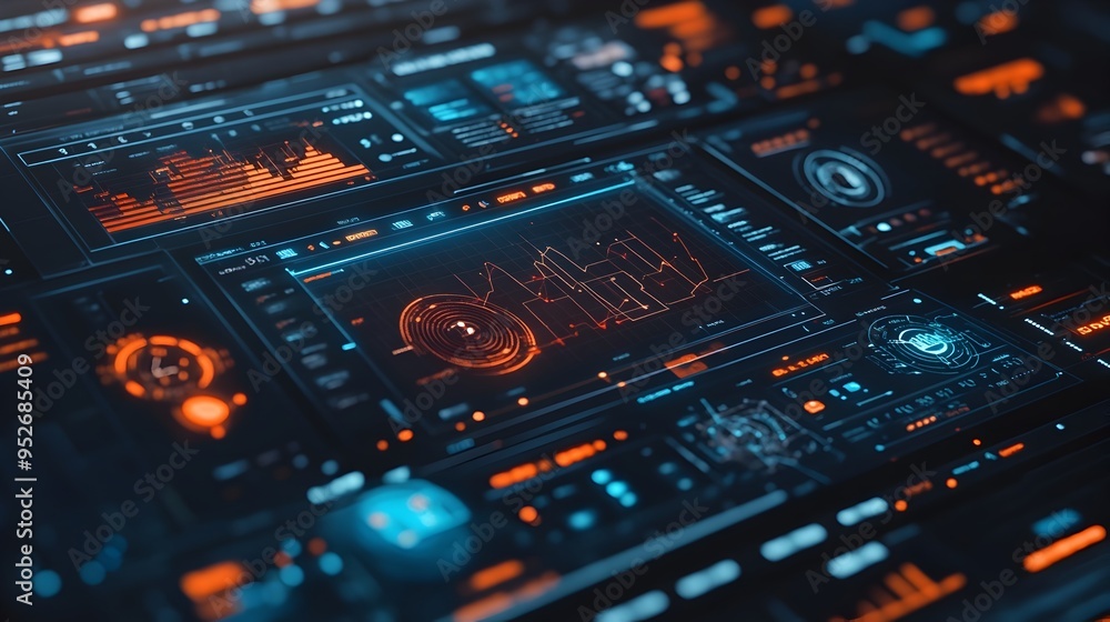 Poster innovative financial technology ecosystem with dynamic digital dashboards and real time analytics