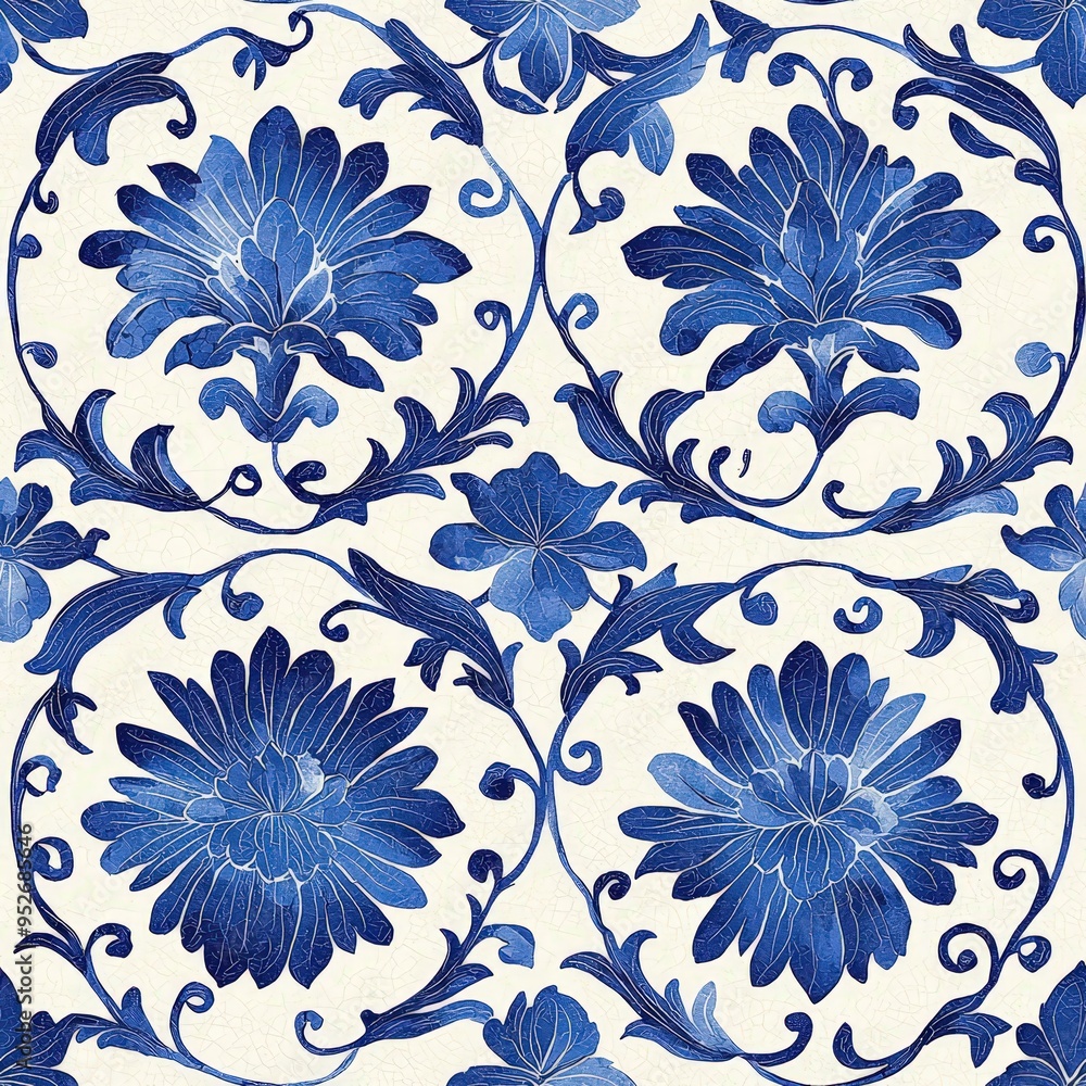 Poster A beautiful blue floral pattern showcases large blooms intertwined with elegant vines against a soft cream background, perfect for textile design inspiration