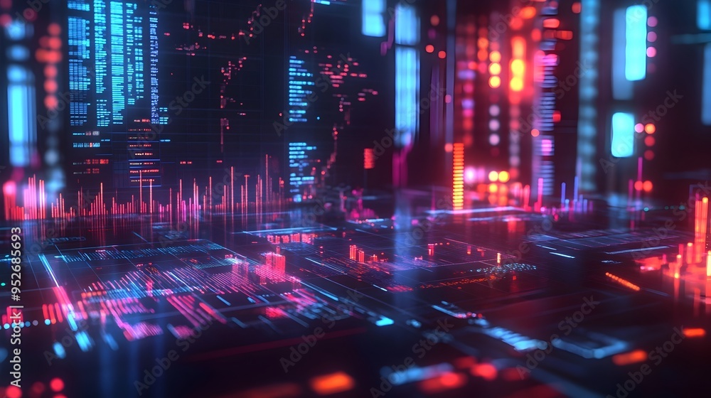 Poster futuristic financial technology data visualization with intricate holographic streams and sleek digi