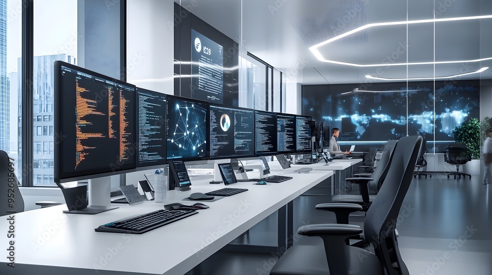 Poster sleek digital workspace with cutting edge financial technology and ai powered coding