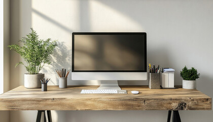 Fototapeta premium Minimalist workspace is featuring a computer with a blank screen for mockup, perfect for displaying your website or application