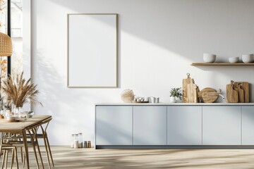 Fototapeta premium Poster Mockup in Kitchen Interior with White Wall created with Generative AI