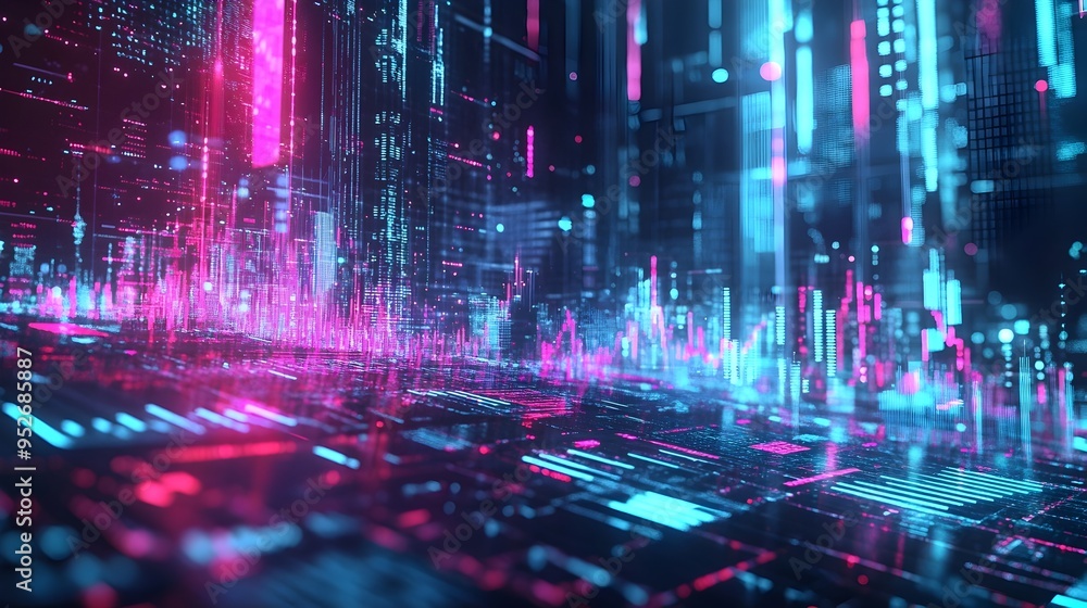 Aufkleber surreal data driven financial visualization with cyberpunk inspired geometric shapes and glowing hol