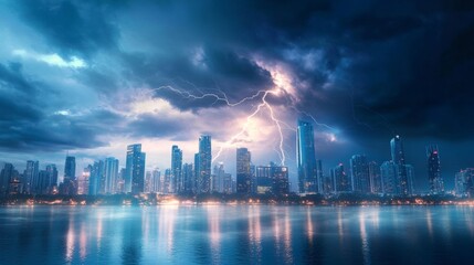 Fototapeta premium Thunderstorm with lightning striking a distant city skyline extreme weather