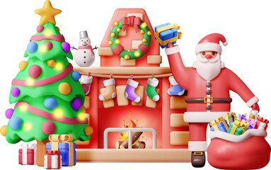 3D Red Brick New Year Fireplace and Santa Claus.