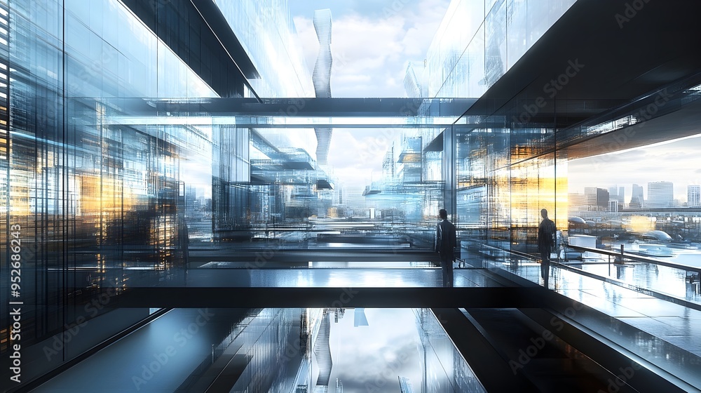 Aufkleber futuristic fintech hub with sleek architectural design and automated systems