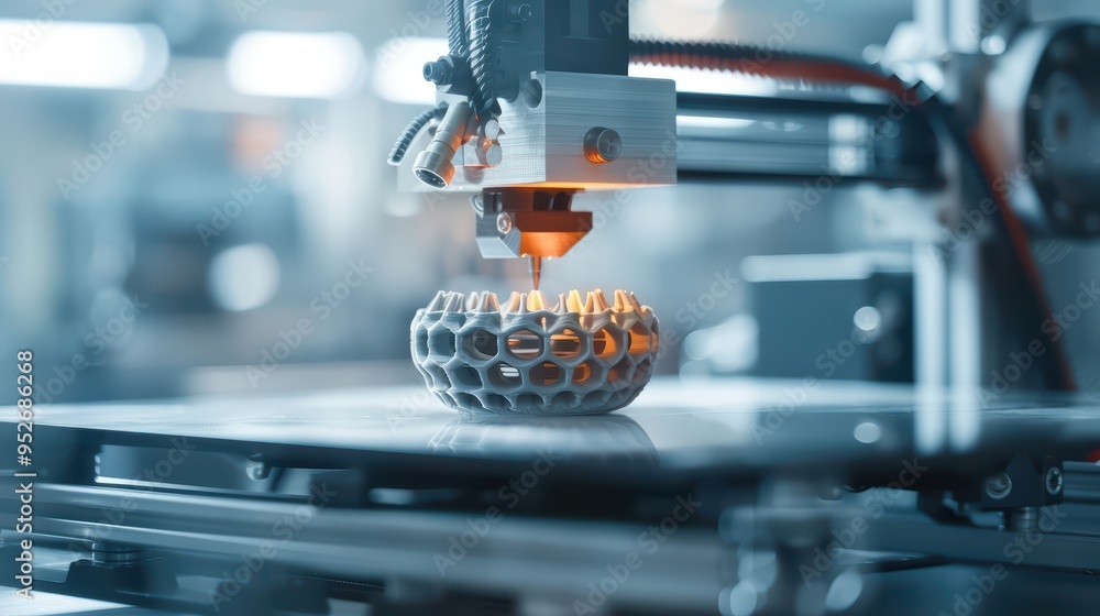 Poster a close-up view of an advanced 3d printer creating a complex mesh design in a modern workshop enviro