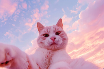 a cat is laying on the ground with its paws up