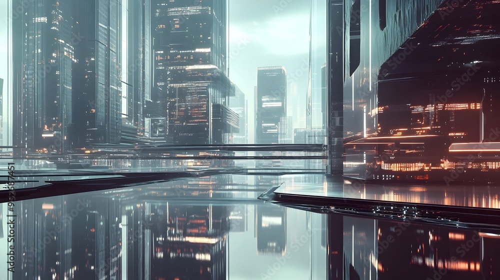Poster futuristic financial technology hub with sleek architectural structures and seamless digital analog