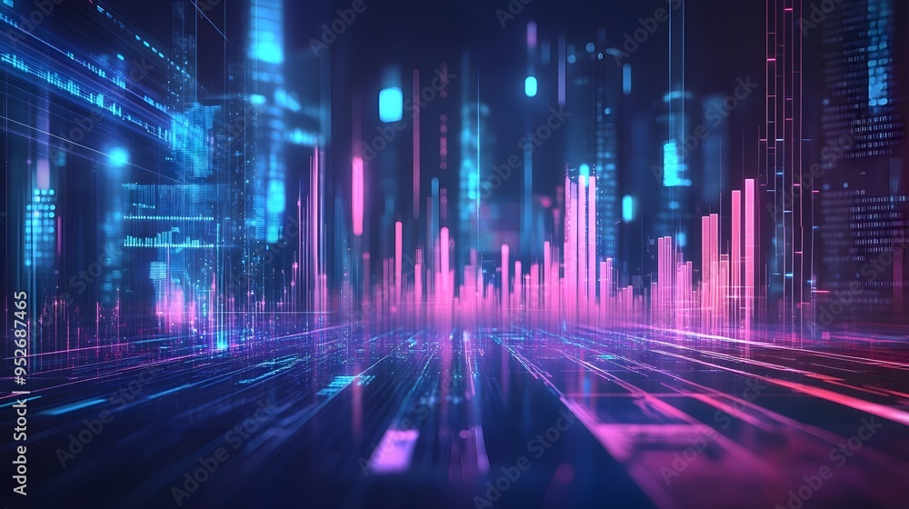 Poster futuristic financial technology landscape with sleek digital interfaces and intricate data visualiza