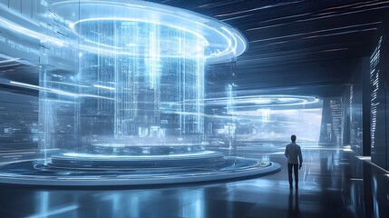 Futuristic financial technology hub with autonomous AI powered trading platforms and sleek minimalist holographic data visualization