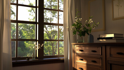 Fototapeta premium Morning light streaming through window onto wooden dresser with books and vase of flowers