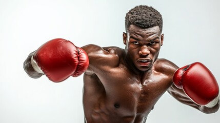 The Fury of a Fighter: A Black male boxer throws a powerful punch, his intense gaze locked on his opponent. 