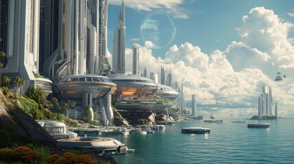 View of a modern architecture city cyberpunk metropolis in the middle of the ocean background wallpaper AI generated image
