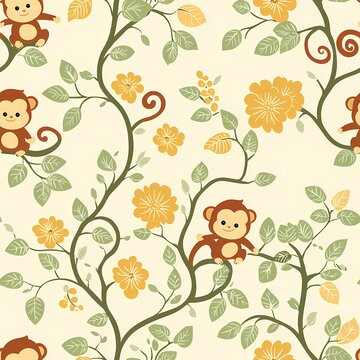Playful monkey pattern with vines and flowers in warm tones