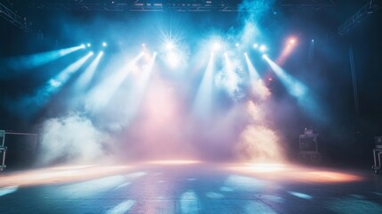 Vivid beams of light cutting through mist on a concert stage neon blue and pink