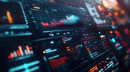 Obraz premium Sleek and Intuitive Futuristic Fintech Platform with Vibrant Blockchain Powered Digital Asset Visualizations