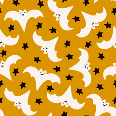 Cute bats and stars seamless repeat pattern in black, white and orange. Halloween holiday cartoon style design for paper, fabric, wallpaper, stationery.