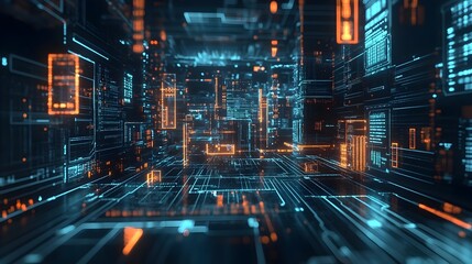 Cutting Edge Financial Technology and Sleek Blockchain Infrastructure in a Futuristic Cityscape