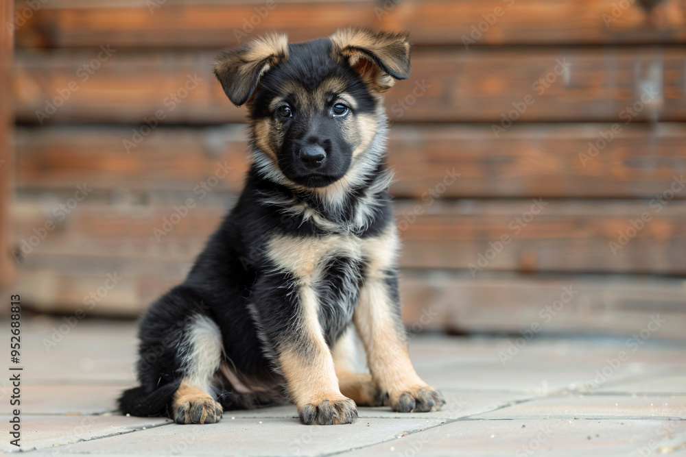 Sticker a puppy sitting on a tile floor looking at the camera