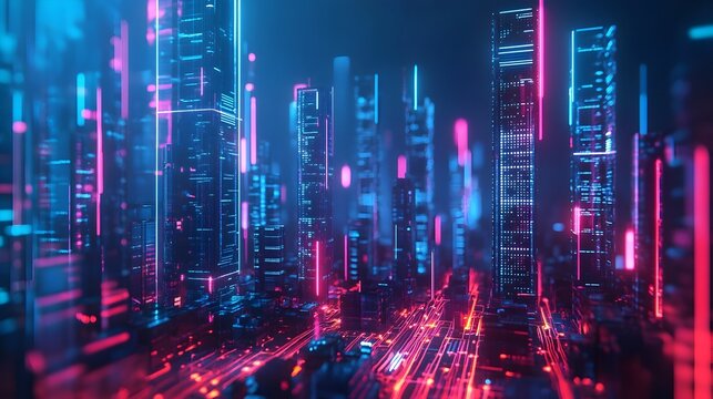 Cutting Edge Fintech Startups Employing Blockchain in Futuristic City with Glowing Neon Lights and Dynamic Angles