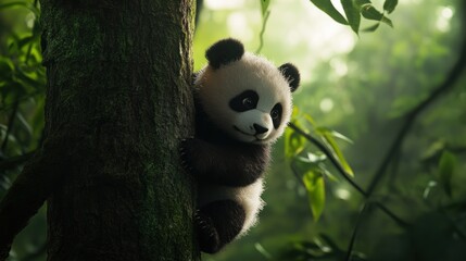 Obraz premium A Cute Panda Cub Embracing a Tree in a Lush Green Forest