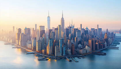 The sun is rising over the manhattan skyline in new york city