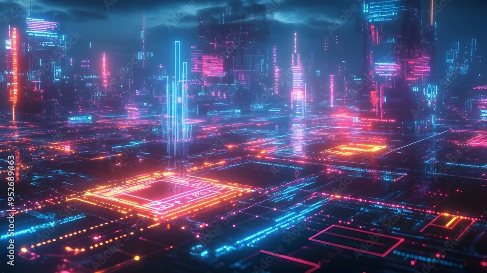 Poster futuristic fintech landscape with blockchain analytics and holographic interfaces
