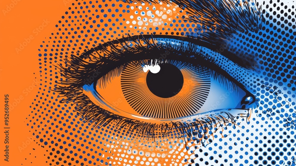 Poster the close-up features a human eye with vibrant blue and orange hues, highlighted by a halftone patte