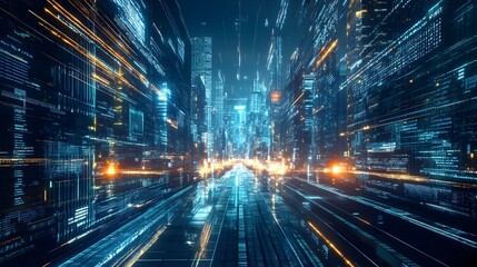Fototapeta premium Futuristic Digital Blockchain Technology Infrastructure Cityscape Backdrop