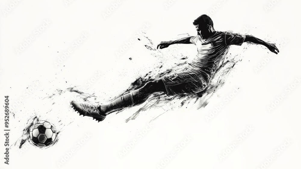 Poster power and precision: a soccer player unleashes a powerful strike, captured in a dynamic black and wh