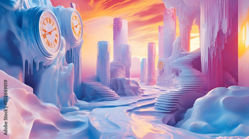 Wall mural Surreal scene with floating staircases melting clocks and impossible architecture Abstract melting forms surreal colors 3D-rendered structures