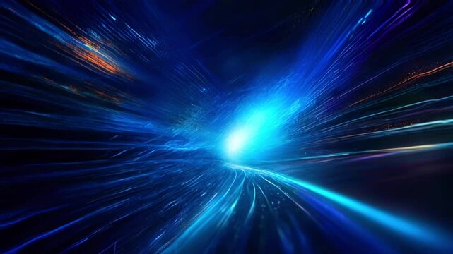 Projection view of time dimension travel with speed. Blue energy ray particles moving in dark space. Abstract background of light particles. Blue energy network in the starry universe. 4K