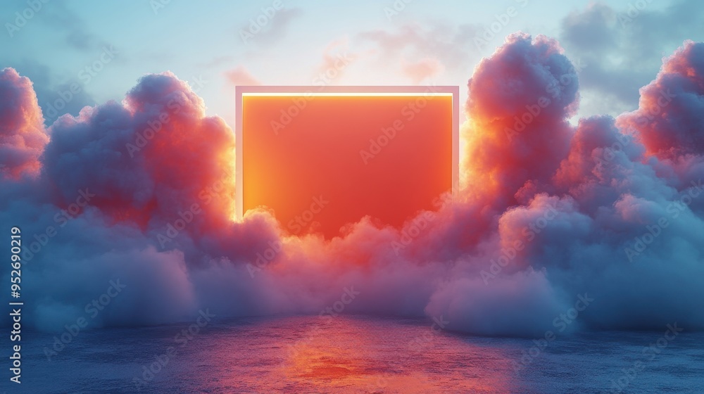 Aufkleber abstract geometric 3d render with a blank square frame inside white clouds and floating mystic vapor