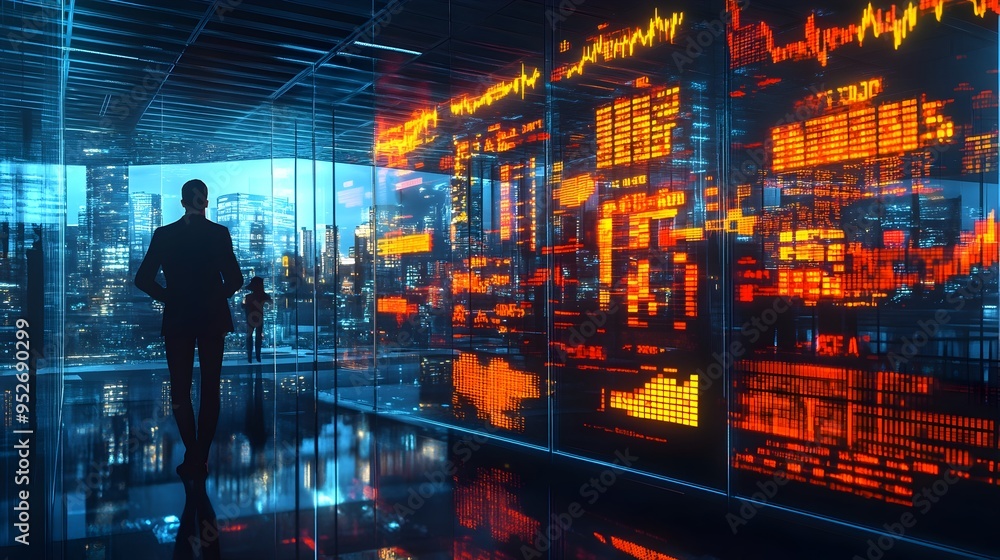 Poster dynamic cryptocurrency trading floor with glowing blockchain ledgers and modernist cityscape backdro