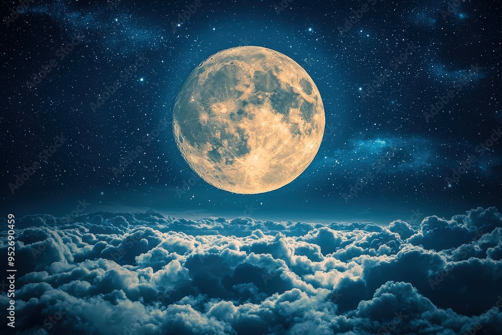 Poster a luminous full moon hangs in the night sky, casting silver light over gentle clouds while stars twi