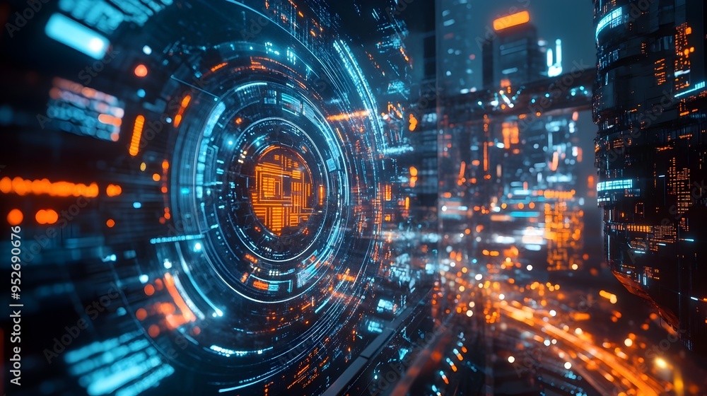 Poster futuristic cryptocoin interface with glowing holographic displays and intricate blockchain data visu