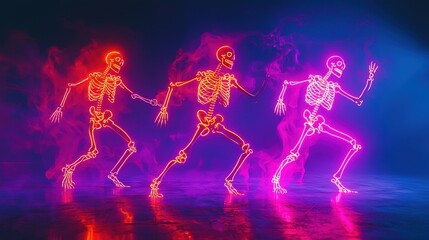 Three vibrant neon skeletons move energetically in a misty environment, showcasing lively poses that contribute to the festive Halloween spirit at night