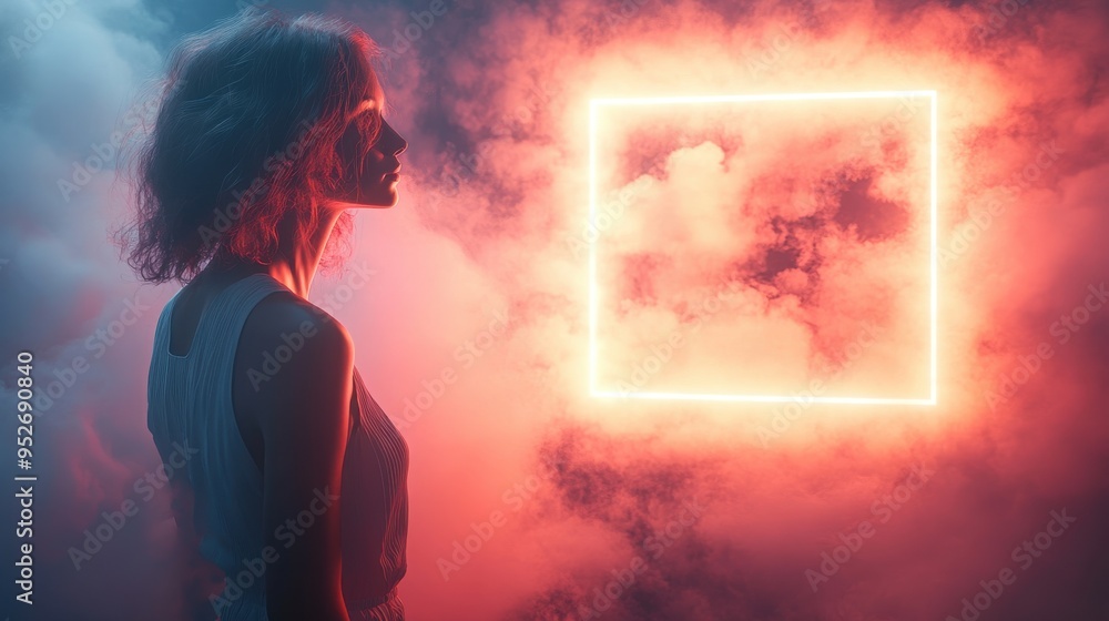 Poster abstract geometric 3d render with a blank square frame inside white clouds and floating mystic vapor