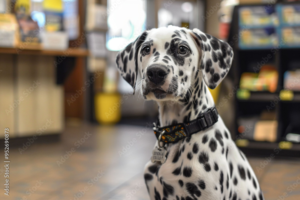 Sticker a dalmatian dog sitting on the floor in a store